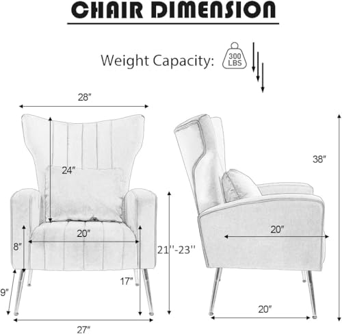 Modern Accent Chairs Set of 2, Wingback Chair with Arm & Gold Legs, Living Room Bedroom Side Chair with Lumbar Pillow, Velvet Upholstered, Channel Tufted, Yellow