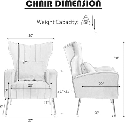 Modern Accent Chairs Set of 2, Wingback Chair with Arm & Gold Legs, Living Room Bedroom Side Chair with Lumbar Pillow, Velvet Upholstered, Channel Tufted, Yellow