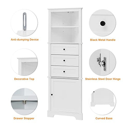 69 Inch Tall Corner Storage Cabinet with Adjustable Shelves, White | White MDF, bathroom kitchen or living room, adjustable shelves, open shelf, enclosed cabinet, triangle compartments, 23 in W
