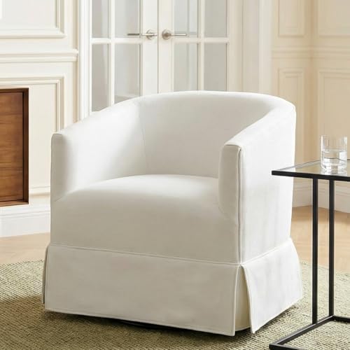 Swivel Accent Chair for Living Room, 360° Upholstered Barrel Swivel Chairs with Skirted Base, Modern Linen Armchairs for Bedroom, Reading Nook, Small Space, White