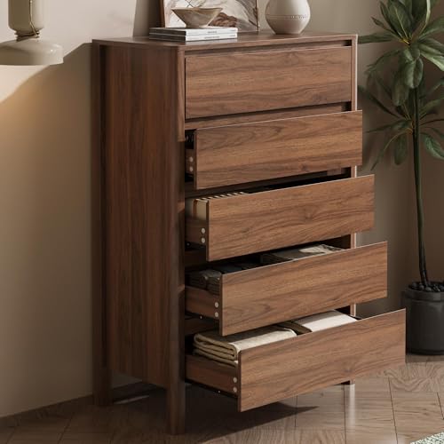 Walnut 5 Drawer Dresser for Bedroom, Modern Tall Dresser with Hidden Handles, view 6