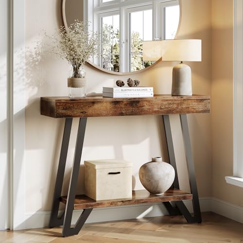41-Inch Console Table with Geometric Metal Frame, Rustic Brown, Entryway Tables, Storage Shelves, 2-Tier, Industrial, Hallway Sofa Table, Accent Table, Living Room