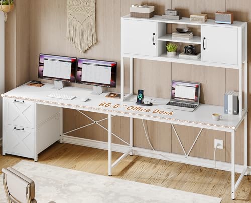 White L Shaped Office Desk, Farmhouse Home Office Desk with Fabric File Drawers and Power Outlet, Corner Gaming Desk with LED Lights, Hutch and Storage Shelves