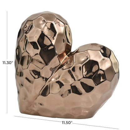 Deco 79 Ceramic Heart Decorative Sculpture Dimensional Angled Origami Inspired Home Decor Statue with Faceted Exterior, Accent Figurine 12" x 6" x 11", Rose Gold