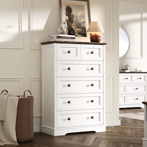 Farmhouse 6 Drawers Dresser Chests for Bedroom, White 6 Chest of Drawers, view 2