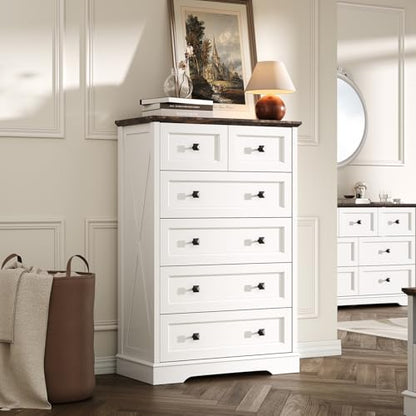 Farmhouse 6 Drawers Dresser Chests for Bedroom, White 6 Chest of Drawers, view 2