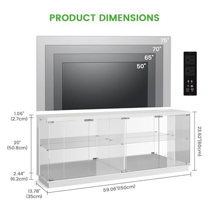 71" Glass TV Stands with Charging Station&Light for Living Room-White | Display Cabinet TV Console with Motion-Senser RGB LED Lights, 2 AC Outlets,USB-C Ports, Entertainment center with Doors