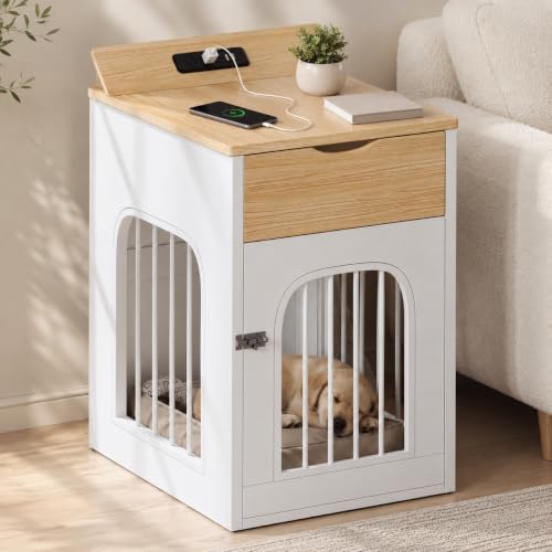 Dog Crate Furniture with Drawer and Charging Station, White, view 2