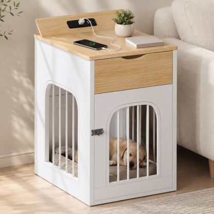 Dog Crate Furniture with Drawer and Charging Station, White, view 2