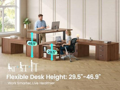 Fluted L Shaped Standing Desk with Storage for Home Office, Brown, view 5