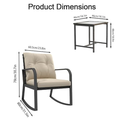 3 Pieces Patio Furniture Set, Rocking Chairs Wicker Outdoor Bistro Set Armchair Patio Furniture Conversation Sets with Tempered Glass Top Coffee Table & Cushions, Off White