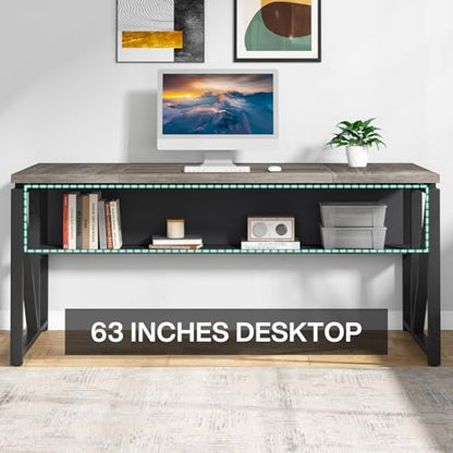 Tribesigns 63 inches Computer Desk with Bottom Storage Shelf Home Office Desk Writing Table for Workstation,Dark Walnut + Steel Leg， Cabinet not Included (Grey, 63-inch-with Shelf)