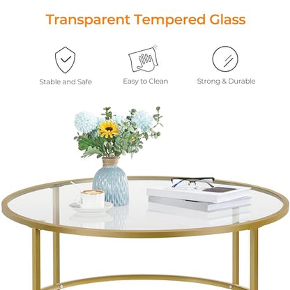 Yaheetech Gold Glass Coffee Table for Living Room, 36" Round Glass Coffee Table with Metal Frame, Circle Coffee Table for Home, Office, Apartment