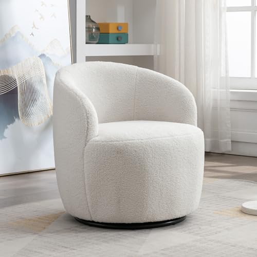 Swivel Barrel Chair, Teddy Sherpa Upholstered Modern Round Accent Arm Chairs, 360 Degree Swivel Small Single Sofa Armchair for Nursery Living Room Bedroom (Teddy, Ivory)
