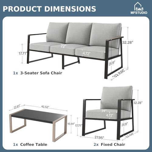 5 Seats Patio Furniture Sets, Olefin-Filled Textilene Fabric Backrest Outdoor Conversation Sets with Coffee Table, 4 Pieces Metal Frame Outdoor Sectional Sofa Sets for Garden, Backyard(Grey)