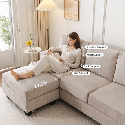 85'' L Shaped Couch with Armrest Organizer,3 Seats Sofas with Movable Ottoman,Comfy Sectional Sofa with Thick Cushion,Chenille Sectional Couches for Living Room,Bedroom,Apartment,Home Furniture,Khaki