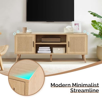 Modern TV Stand for 65 Inch TV, Entertainment Center with 2 Storage Cabinets and Adjustable Shelf, Solid Wood Feet, 4 Cord Holes, Groove Stripe Media TV Console Table for Living Room Bedroom (Natural)
