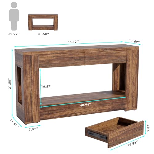 Farmhouse Entryway Table with Storage Drawers and LED Lighting, 55 Inch Long Narrow Console Sofa Table for Hallway Table Entrance Living Room, Rustic Brown