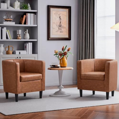 Yaheetech Barrel Accent Chairs Set of 2, Modern Armchairs, Brown | Faux Leather Chair with High-Density Foam Seat, Upholstered Barrel Sofa Chair for Living Room Bedroom Waiting Room