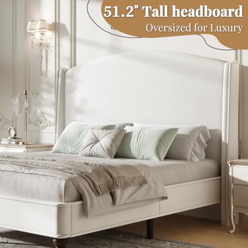 Queen Bed Frame, 52" Elegant Wingback Headboard, Beige, view 6