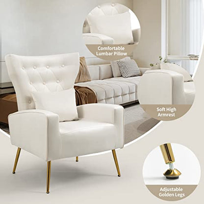 Button-Tufted Living Room Chairs, WingBack Velvet Accent Chair Armchair with Lumbar Pillow, Bedroom Chairs Arm Chair with Golden Legs, Cream