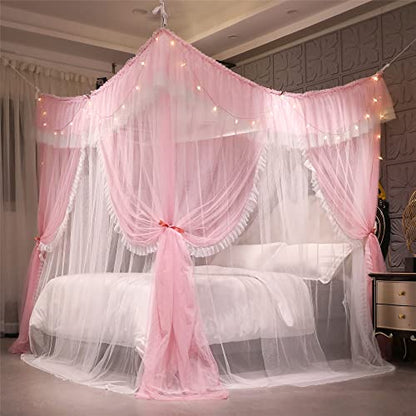 4 Corners Post Ruffle Princess Bed Canopy Curtain-Double Layer Cozy Drape, view 7