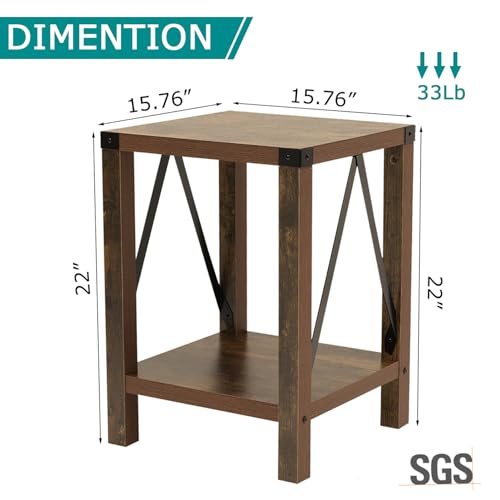 22'' End Table with 2-Tier Storage Shelf, Square Side Table for Small Spaces, Couch Bedside Table, Rustic A-Design Nightstand Sofa for Living Room, Bedroom, Apartment (2,Brown)