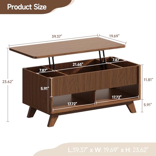 Farmhouse Lift Top Coffee Table, Mid Century Modern Coffee Table with Hidden Storage Compartment, Fluted Rising Pull up Wood Modern Center for Living Room, Office, Walnut