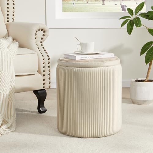 Round Ottoman with Storage Set of 2,Vanity Stool with Storage for Bedroom, Ottoman Coffee Table,Small Velvet Foot Stool for Living Room, Beige