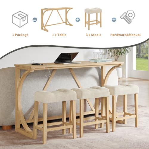 59" Dining Bar Table Set with Power Outlet, Behind Couch Sofa Table with 3 Padded Stools, 5 Piece Bar Table and Chairs Set for Living Room, Dining Room, Light Oak