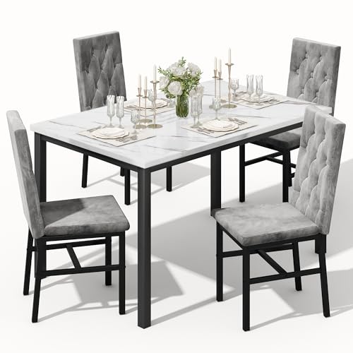 Dining Table Set for 4, Faux Marble Small Kitchen Table Chairs Set of 4 with Luxurious Button Tufted Dinner Chairs for Kitchen and Dining