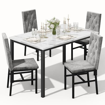 Dining Table Set for 4, Faux Marble Small Kitchen Table Chairs Set of 4 with Luxurious Button Tufted Dinner Chairs for Kitchen and Dining