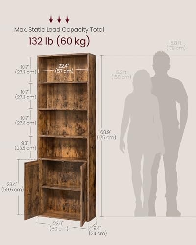 VASAGLE Custos Collection - Bookshelf, 6-Tier Tall Bookcase, Book Shelf with Doors, Open Storage Shelf, 9.4 x 23.6 x 68.9 Inches, for Living Room, Home Office, Dining Room, Rustic Brown ULBC402K01