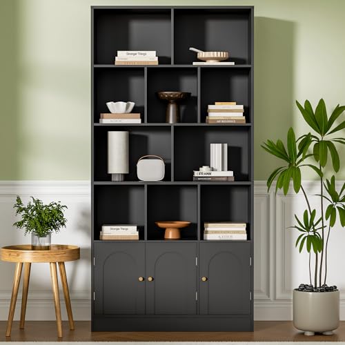 Modern Black 4-tier bookshelf with open shelves and doors, view 2