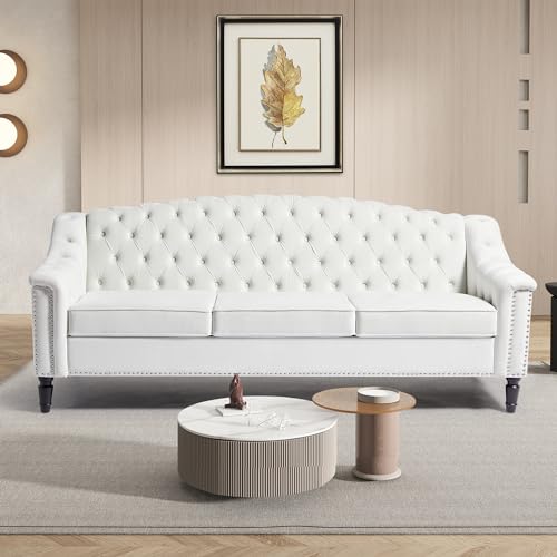 Mid-Century Modern Velvet Sofa, 80" Large Upholstered Sofa with High Back, Chesterfield Couch Sleeper Settee with Solid Wood Legs, Tufted 3 Seater Wide Couches for Living Room Office (White)