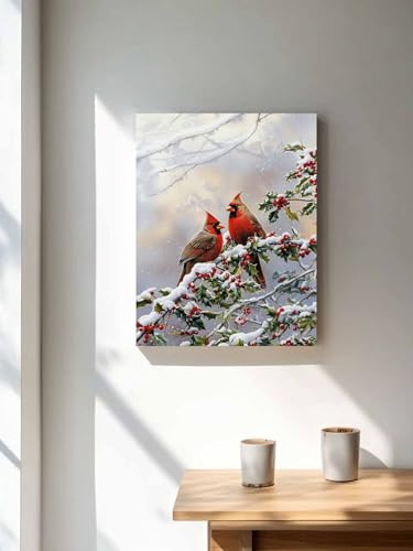 NuYeBiofx Christmas Red Bird on Tree Branch Canvas Wall Art Prints,30"x20" Framed Picture Artwork Winter Berry Snow Scenery Printed Canvas Oil Painting for Living Room Bedroom Office,Ready to Hang