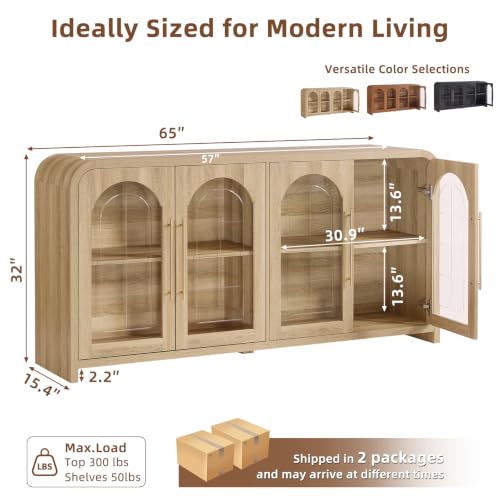 65" Sideboard Buffet Cabinet with Arched Glass Doors, Natural, view 3