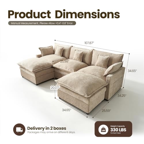 108'' U Shaped Cloud Couch, 3-Seater Sofa with 2 Ottoman, Oatmeal, view 3