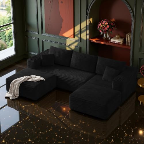 106" Boneless Couch, U Shaped Sectional Sofa with Deep Seat, Modular Cloud Couch with 2 Ottomans, No Assembly Corduroy Couch for Living Room, Black