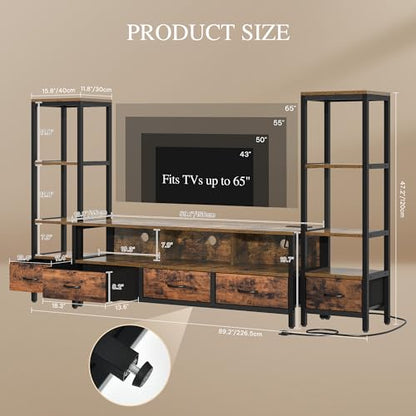 Rustic Brown TV Stand, 89.2" Wide, 5 Drawers, 2 Bookshelves, view 3