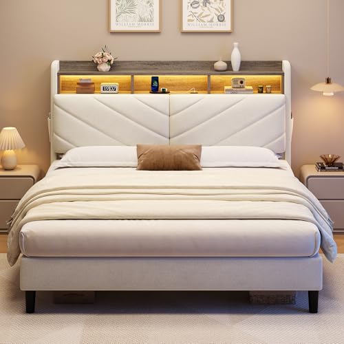 Beige Queen Size Velvet Bed Frame with Ergonomic Headboard, view 4