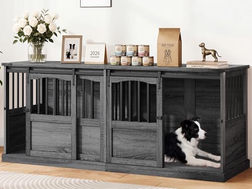 72" Double Dog Crate Furniture, Extra Large Dog Kennel with Barn, view 2