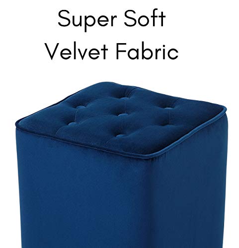 Tufted Navy Velvet Ottoman Foot Stool - Square - Soft Compact Padded Stool - Great for The Living Room, Bedroom and Kids Room - Upholstered Small Furniture
