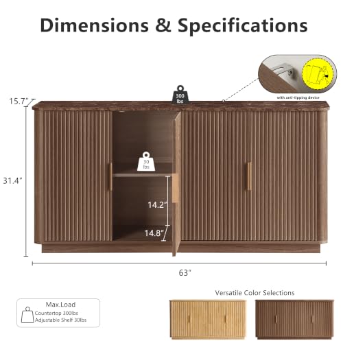 63" Fluted Sideboard Buffet Cabinet with Storage, view 3
