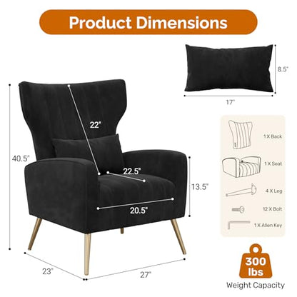 Velvet Accent Chair Wingback for Living Room, High Back Arm Chair with Golden Legs Lumbar Pillow, Upholstered Single Sofa Bedroom Black