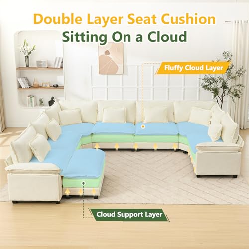 Oversized Modular Sectional Sofa Set, Convertible Deep Seat Cloud Couch with Ottoman, Large U Shaped Corner Couch with Throw Pillows for Living Room (Beige, 8 Seater)