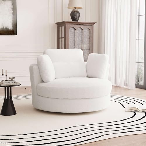 50'' W Oversized Swivel Barrel Chair, Ivory Swivel Accent Chair for Living Room, Round Oversized Arm Chair with 4 Pillows, Deep Seat & Extra Wide, Sherpa