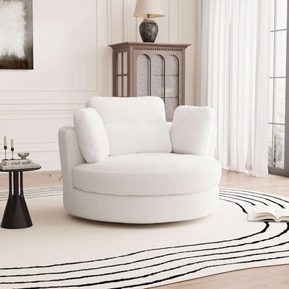 50'' W Oversized Swivel Barrel Chair, Ivory Swivel Accent Chair for Living Room, Round Oversized Arm Chair with 4 Pillows, Deep Seat & Extra Wide, Sherpa