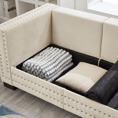 GDFStudio 84.5" Mid-Century Modern Sofa with Storage, 3 Seater Deep Seat Upholstered Velvet Sofa Couch, Silver Nailhead and Square Arms, Solid Wood Legs, Accent Sofa for Living Room Bedroom, Apricot