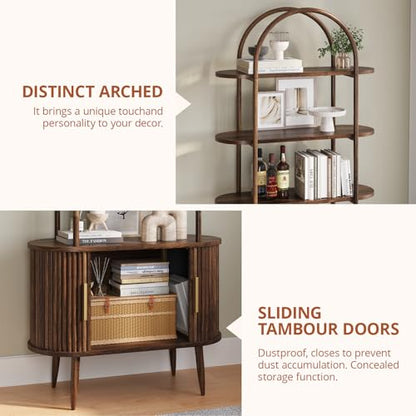 71" Tall Arched Bookshelf with Sliding Doors, Mid Century Modern Metal Curved Bookcase Cabinet with Storage, 4-Tier Storage Shelf for Living Room, Home Office, Bedroom, Walnut